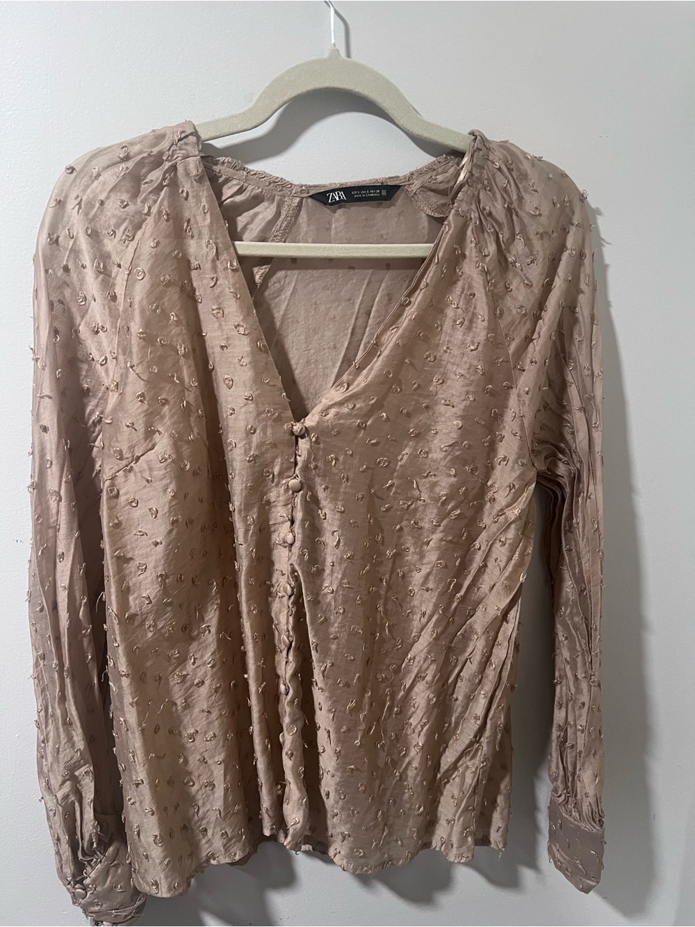 Zara Button-Front Textured V-Neck Blouse